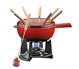 Spring Gusseisen Fondue Set rot | Ø 20 cm | mit 8 Fonduegabeln und Spritzschutz | für Käsefondue, Fleischfondue | Rechaud Brenner