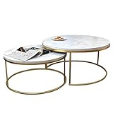 GLJTUO 2Er-Set Satztische, Runder Couchtisch, Schlichter Beistelltisch | Deko-Couchtisch, Nachttisch Für Das Wohnzimmer Zu Hause | Marmor-Metallsockel, Weiß,White-60cm+45cm