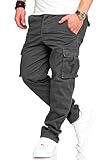 behype. Herren Cargohose Jeanshose Chinohose mit Cargo-Taschen und Gürtelschlaufe Regular-Fit Stoffhose Freizeithose mit Stretch S2_3844-Dunkelgrau-W36/L32