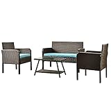 YLISJN 4-teiliges Gartenmöbel-Set for den Außenbereich, Rattan-Sofa, Sitzgruppe, beinhaltet 1 Sofa, 2 Stühle, 1 Couchtisch, beige/Blaue Kissen