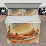 MOKOSAISE Cartoon Bettwäsche Set 3 Stück Mountain Top House Forest Wheatfield Starry Night Bettwäsche Set mit 2 Kissen Shams Reißverschluss & 4 Krawatten 230 x 230 cm