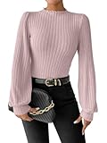 Onsoyours Body Damen Langarm Eng Sexy Elegant V-Ausschnitts Rundhals Bodies Laternen Ärmel Unterziehbody Casual Bodycon Bodysuit Oberteile Tops B Rosa S