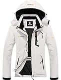 GEMYSE Damen Wasserdichte Berg-Skijacke Winddichte Skijacke Fleece Outdoor-Winterjacke mit Kapuze (Weiß,M)