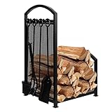 Kaminholzregal für den Außenbereich, mit 4 Werkzeugen, schwarz, schmiedeeiserner Halter für Terrasse, Feuerstelle, kleines Holzregal für Holzscheite im Freien