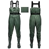 IEEILULU Wathose Herren Damen, Wathose Anglerhose mit Stiefel, Wathose mit Brusttasche und Verstellbarer Riemen, Nylon Wader Watstiefel Anglerhose wasserdichte rutschfest Matschhose (Grün, 42)