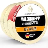 MEISTERWERK Malerkrepp für Malerarbeiten - (OHNE RÜCKSTÄNDE) - 165 Meter Kreppband (30mm Breite) - Rutschfestes Abklebeband für sauberes Renovieren, Streichen & Lackieren