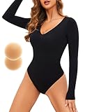 ZOEMAXIA Shapewear Damen Bodysuit String Langarm Shaping Bodysuit V-Ausschnitt Bauchweg Stark Figurformender Nahtlose Slimming Body Shaper Tanga Offenet Schrit, Schwarz, XXL