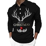 BIISDOST Männer Weihnachtsdruck Lässige Winterknöpfe Umlegekragen Bluse Langarmshirts Herrenuhr Automatik (Black, XXXL)