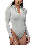 Rongseng Body Damen Langarm Elegant Bodysuit Tops Sexy Langarm Bodys mit Reißverschluss Schmal Damenbody Unterziehbody Stretch Langarmbody Long Sleeve Oberteil Langarmshirt für Frauen