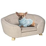 Pawhut Haustiersofa Hundematte Hundebett Hundesofa Hundecouch Katzen Sofa mit Kissen Rückentasche Plüsch Schaumstoff Kiefernholz Cremeweiß 70 x 47 x 30 cm