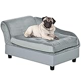 Pawhut Haustiersofa mit Matte, Hundebett, Hundematte, Hundesofa mit Lagerraum, Naturholz+Plüsch, Hellblau, 76 x 45 x 41,5 cm