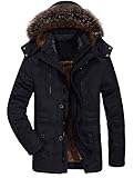 FTCayanz Herren Warme Winterjacke Parka Lang Wintermantel Mit Kunstfell Kapuze Outdoor Gefütterte Steppjacke Jacke Schwarz 2XL