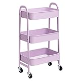 DOEWORKS Aufbewahrungswagen Küchenwagen 3-Etagen Metall Utility Cart, Rollwagen Organizer Wagen mit Rädern für Küche Make-up Badezimmer Büro, Helles Lila