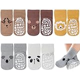 SockWaddles Stoppersocken Kinder Baby, 5 Paar ABS Atmungsaktiv Antirutschsocken Kinder, Krabbelsocken Baby Baumwolle, Jungen und Mädchen Crew Socken mit Tiere und Einhörner