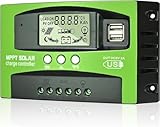 MPPT 60A Solar Laderegler 12V 24V Solarregler, MPPT Solarladeregler 60A mit Temperatursensor 2 USB Ports LCD Display, Passend für Sonnenkollektor 12V 24V Blei Säure und Lithium Batterien