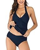 VILOREE Mode Damen Tankini Set Zweiteilige Bademode Badeanzug Nechholder Bauchweg Navy XL