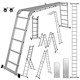 Ikodm 4x5 Stufen Mehrzweckleiter 5,82 m 7 in 1 Aluminium Multifunktionsleiter bis 150 kg mit 2 Transport Rollen und 2 Plattform, Gelenkleiter Klappleiter Stehleiter Aluleiter