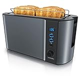 Arendo - Edelstahl Toaster Langschlitz 4 Scheiben, Defrost, wärmeisolierendes Gehäuse, mit integriertem Brötchenaufsatz, 1500W, Krümelschublade, Display, Cool Grey