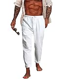 NANAMEEI Leinenhose Herren Lang Freizeithose Herren Leinen Hosen Herren Sommer Baggy Strandhose Herren Slim Fit Weiß M