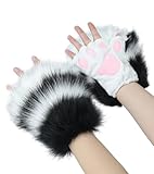 Focupaja Pelzige Niedliche Katze Handschuhe Faux Tier Cosplay Fingerlose Handschuhe Bär Wolf Pfoten Warme Plüsch Winterhandschuhe Eine Größe Passt Alle Schwarz Weiß