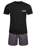 Winovia Schlafanzug Herren Kurz Pyjama 100% Baumwolle Kurzarm Nachtwäsche Nightwear Set mit Rundhals Design und Karierter Hose Schwarz L