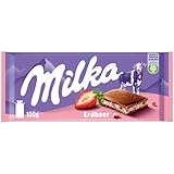 Milka Erdbeer 1 x 100g I Alpenmilch-Schokolade I mit Joghurt-Füllung und Erdbeer-Stückchen I Milka Schokolade aus 100% Alpenmilch I Tafelschokolade