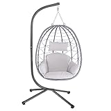 Juskys Hängesessel Aria mit Kissen - höhenverstellbar & faltbar - Polyrattan Hängeschaukel Outdoor & Indoor - Korbhängesessel Silber bis 130kg