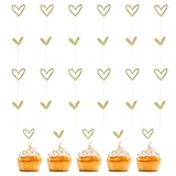 24 Stück Gold Herzen Kuchenaufsatz, Gold Glitter Herz Cupcake Topper Herzen Kuchenaufsatz, Kuchen Herzen Kuchenaufsatz für Hochzeit Verlobung Geburtstag