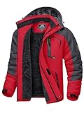 KEFITEVD Skijacke Herren Wasserdicht Atmungsaktiv Snowboardjacke Winter Warm Ski Jacke Herrenjacke Gefüttert Winterparka Snowboard Fleece Jacke mit Kapuze Rot 3XL