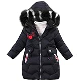 YFPICO Daunenjacke für Kinder, Mädchen, gefütterter Mantel mit Kapuze, Pelz, Winterjacke für Mädchen, dicke, warme und winddichte Jacke, Schwarz , 7-8 Jahre