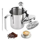 TNOMSNO Milchaufschäumer Manuell, 400 ml Double Mesh Milchaufschäumer Manuell Edelstahl Milk Frother, Double Mesh Milchschaum mit Kaffee-Ziehdorn für Die Herstellung von Perfektem Milchschaum