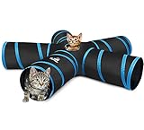 Pawaboo Katzetunnel, Premium-5-Wege-Tunnel Erweiterbar Zusammenklappbar Katzen Spielzeug Maze versetzte Tunnel Katzen Spielzeug mit Pompon und Bells für Kätzchen Kaninchen, Schwarz & Hellbalu