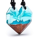 treeforce Herz Pärchen Ketten aus Holz und blauem Epoxidharz (Resin) für Freunde und Pärchen - Halskette, Schlüsselanhänger oder Auto- Anhänger 3in1 DIY Schmuck