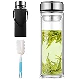 Glasflasche 1 Liter, Doppelwandige Trinkflasche Glas 1L, Trinkflasche 1L mit Topfbürste und Tassensets, Teeflasche mit Sieb To Go, Trinkflasche 1L Glas