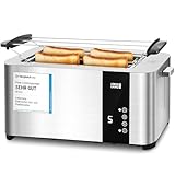 LEBENLANG Langschlitz Toaster 4 Scheiben mit Brötchenaufsatz - Touchscreen LED Display & 7 Stufen I 1400W 4er Langschlitztoaster Edelstahl Gebürstet I Smart Touch Toster für große Toastscheiben xxl