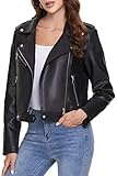 Fahsyee Damen Lederjacke, Kunstlederjacken mit Reißverschluss, kurze PU-Motorradjacke, schmale Bikerjacke, enganliegende Slim-Fit, Schwarz, Größe XXL