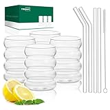 twoant Gerippte Trinkgläser 350ml 4er Set Cocktailgläser Wellenförmige Wassergläser Getränkegläser Saftgläser aus Glas für Wasser Trink Saft mit Glasstrohhalmen und Bürsten