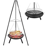 Schwenkgrill, Schwenkgrill mit Feuerschale, Dreibein für Feuerschale, inkl. Grillrost (Ø52cm),Höhenverstellbarer Kette (200 cm)und Dreibein (H:152 cm), Grill Dreibein für Camping Garten Hof