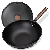 Jobin 33cm/5,6L Wokpfanne mit Eisendeckel Wok aus Kohlenstoffstahl Ohne Chemische Beschichtung und zum Kochen von Asiatischen Gerichten für 4-6 Personen, Induktion, Elektro, Gas