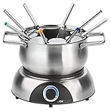 Clatronic® Fondue-Set | Fonduetopf aus Edelstahl (Ø 18,5 cm) | bis zu 1,2 Liter | Heizsockel aus Edelstahl | Thermostat (beleuchtet) | 8 Edelstahl Fonduegabeln | Gabelhalter (abnehmbar) | FD 3783