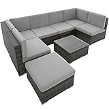 TecTake 800762 XXL Poly Rattan Sitzgruppe Venedig, 6 Sitze 1 Tisch 1 Hocker mit Edelstahlschrauben, extra Dicke Sitzkissen - Diverse Farben - (Grau | Nr. 402698)