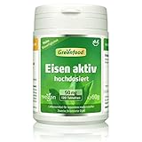 Eisen aktiv, 50 mg, extra hochdosiert, 120 Tabletten, hohe Verfügbarkeit, hervorragende Verträglichkeit, vegan – wichtig für Blutbildung, Energie und Immunsystem. OHNE künstliche Zusätze.