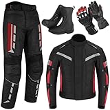 Vaster Moto Motorradjacke mit Hose, wasserdichte Motorradstiefel für Herren, Schutzhandschuhe für Motorradfahrer, 4-teiliges Set, Rot, Schuhe = EU 42, 30