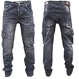 iProfash Herren Cargo Jeans Regular Slim Cargohose Destroyed Schwarz Grau Blau Neu Hose (DE/NL/SE/PL, Bundweite & Schrittlänge, 33, 32, (2007Cargojeans) Grau)