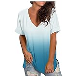 Camiseta Con Cuello en V para Mujer, Con Estampado degradado, para Verano, holgada, de Manga Corta, Tallas Grandes, Estilo Casual, #01_Azul claro, M