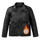 LSHDCER Kinder Jungen Lederjacke Übergangsjacke Motorrad Lederimitat Mantel Frühling Herbst Kunstleder Bikerjacke, Schwarz(Plüsch) E, 122-128