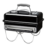 Weber Go-Anywhere Holzkohle Grill, 42 x 26cm Grillfläche, leichter tragbarer BBQ Grill, Tisch-Campinggrill mitporzellanemaillierter Schale & Deckel, umklappbare Standfüße - Schwarz (1131004)