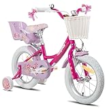 JOYSTAR Einhorn 14 Zoll Kinder Fahrrad für 3 4 5 Jahre Mädchen mit Puppe Fahrradsitz Kinder Prinzessin Fahrrad mit Stützrädern Korb Streamer Kleinkind Fahrrad,violett