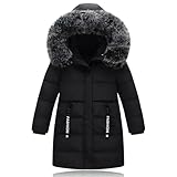 Tilozs Kinder Winterjacke Mädchen Wintermantel Länge Steppjacke Trenchcoat Winter Jacke Warmer Parka Mantel mit Fellkapuze Outdoor, Schwarz, 152-158(Herstellergröße: 160)