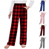 XINYUNZU Hosen für Mädchen Karierte Freizeithose mit Taschen Kinder Pyjama Hose Elastische Taille Schlafanzughose Girls Pants Lässige Baggy Hose 4-14 Jahre Alt Super Sale Angebote Rot 11 Jahre